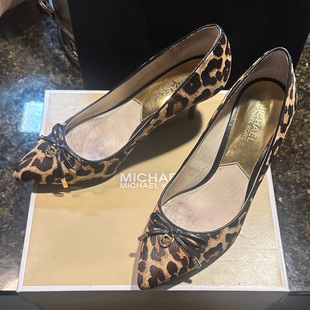 Michael Kors Leopard Print Heels with Black Leather Bow